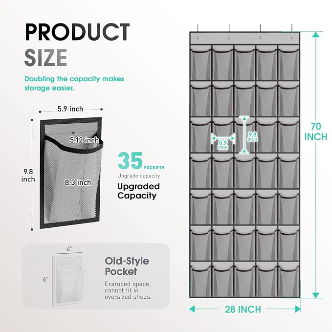 WVM Over the Door Shoe Organizer with 35 Breathable Mesh Pockets, Hanging Shoe Organizer for Door with 4 Metal Hooks, Large Capacity Closet Storage for Shoes, Accessories, Grey - Image 3