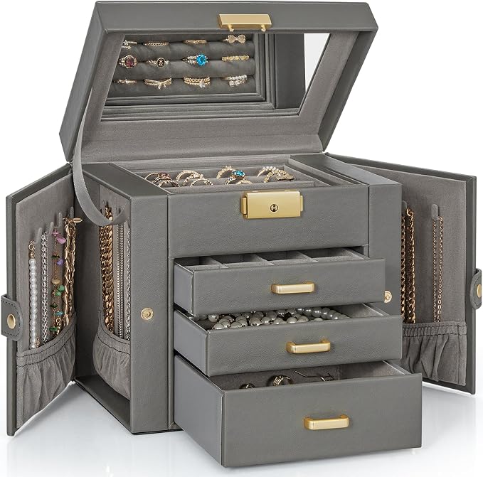 AKOZLIN 4-Tier Jewelry Box Leather Jewelry Storage Organizer with 3 Drawers Lockable for Women Girls Ring Necklace Earring Bracelet Holder with Mirror Dark Grey by AKOZLIN