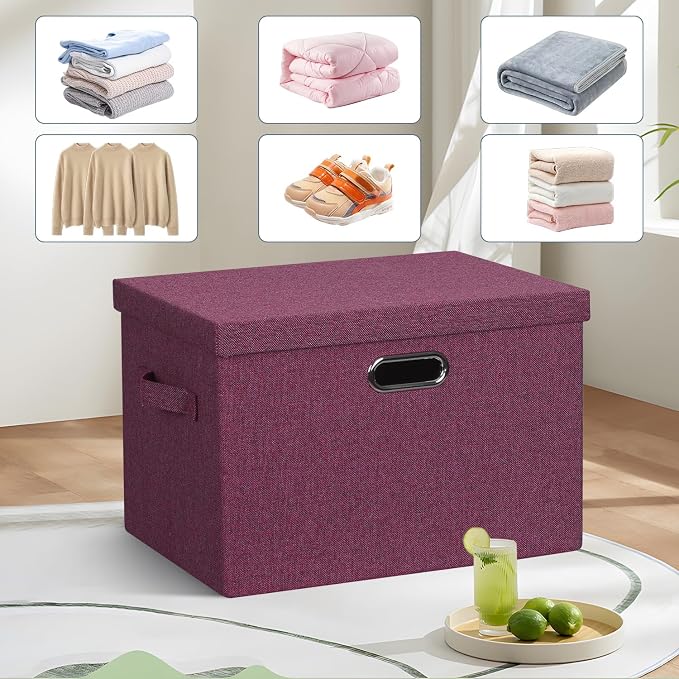 Graciadeco Large 17" 36 Quart Collapsible Stackable Storage Bins with Lids, 3 Packs Purple Linen Fabric Closet Boxes with Lids, Storage Cube Baskets Container Organizers for Bedroom Office (17x12x11) - Image 6