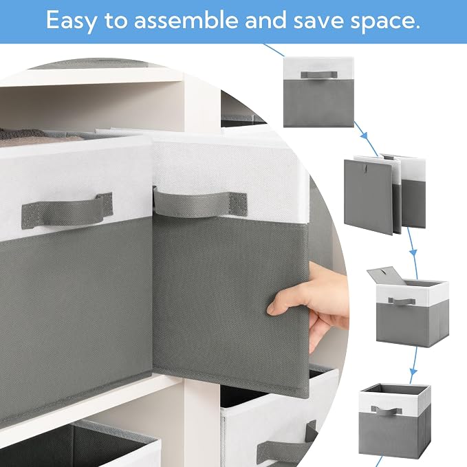 Cupic Cupid 11 Inch Storage Cube, Fabric Cube Storage Bin with Handles, Storage Cube Organizer for Clothes and Toys, Collapsible Cube Bins for Closet, Shelves, Nursery, 6-Pack, Gray and White - Image 5