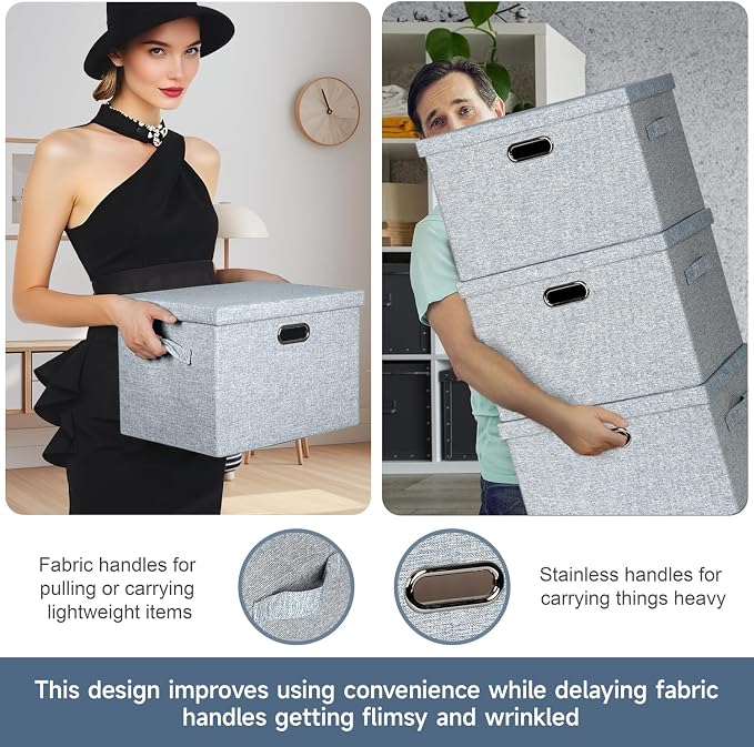 Graciadeco Large 17" 36 Quart Collapsible Stackable Storage Bins with Lids, 3 Packs Blue-Grey Linen Fabric Closet Boxes with Lids, Storage Cube Baskets Container Organizers for Bedroom (17x12x11) - Image 5