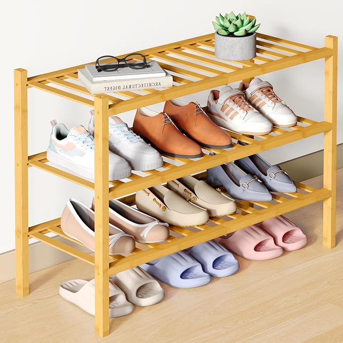Smiry Bamboo Shoe Rack for Closet, 3 Tier Wooden Stackable Shoe Organizer, Free Standing Shoes Storage Shelf for Entryway, Front Door Entrance, Natural by Smiry