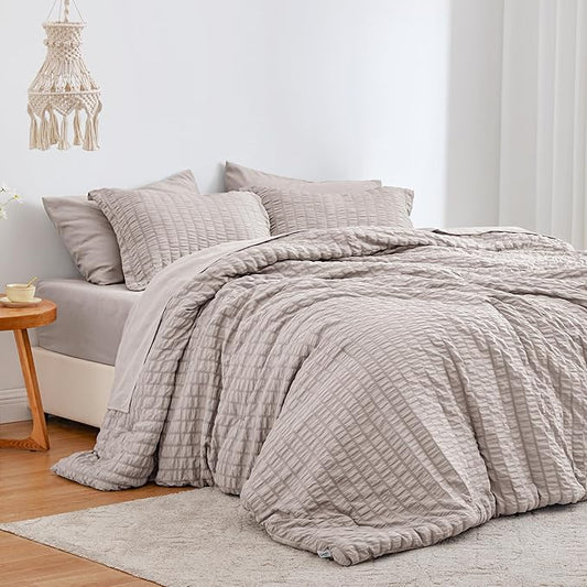 Love's cabin Seersucker Burlwood King Size Comforter Set, 7-Piece All Season Lightweight Bed in a Bag Bedding Set with Comforter, Flat Sheet, Fitted Sheet, Pillowcases and Shams | Soft, Breathable, Lightweight