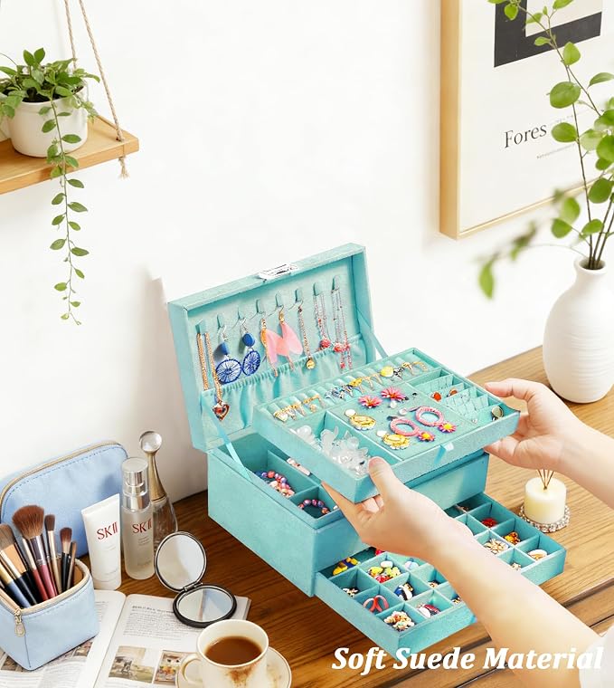 QBestry 3-Layer Jewelry Box for Girls & Teens with Lock and Key, Large Jewelry Organizer with 8 Necklace Hooks & 56 Earring Holes, Teal Velvet Jewelry Storage Box for Necklaces Earrings Rings Bracelet - Image 8