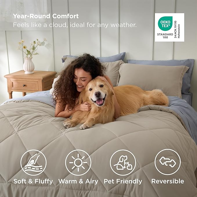 Bedsure Queen Comforter Set - 7 Pieces Reversible Beige Bedding, Queen Size Bed Set for All Seasons, Bed in a Bag with Down Alternative Comforter, Sheets, Pillowcases & Shams