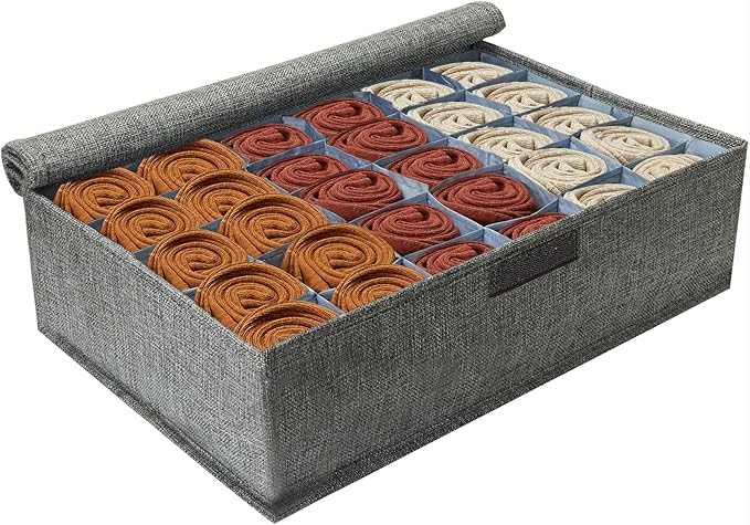 PINGMIC Gray Sock Organizer Divider 1 Pack with Lid - 30 Cell Foldable Closet Storage, Tie Organizer For Men Boxes for Socks, Ties, Belts by PINGMIC
