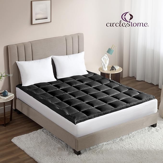 CirclesHome Hotel Collection Short Queen Size Hybrid Mattress Protector & Pad - Extra Padded, Thick, Plush, & Fitted Mattress Topper for Bed - Comfortable Pillow Top Mattress Cover