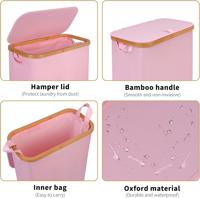 iEGrow 65L Slim Laundry Hamper, Narrow Laundry Basket with Lid,Foldable Clothes Hamper with Bamboo Handles,Hamper Basket with Removable Inner Bag for Laundry Room Bedroom College Dorm,17.17 Gals Pink - Image 4