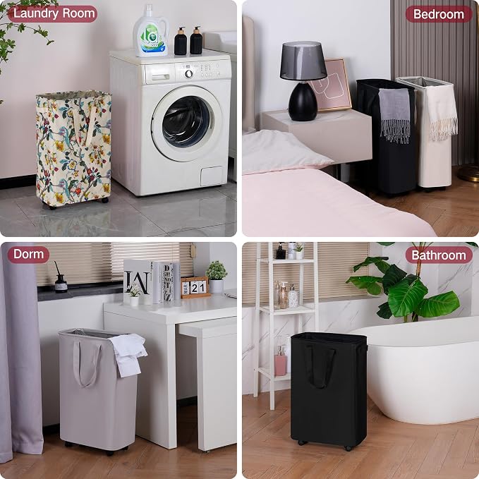efluky Slim Laundry Hamper with Wheels, Rolling Laundry Basket for Clothes, Small Laundry Basket for Bedroom, Dorm and Laundry Room, 75L (19.8 Gallons) Floral - Image 5