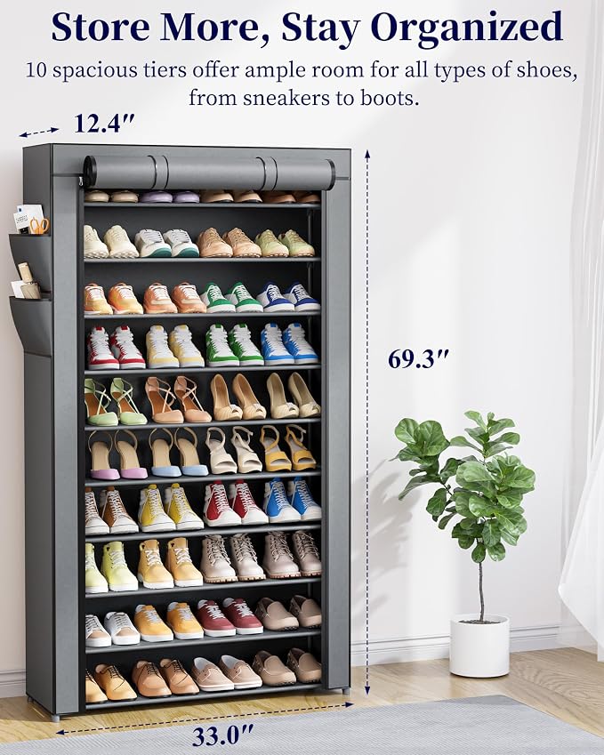 Kitsure Shoe Rack - 10-Tier Shoe Organizer with Zippered Dust Cover & Side Pockets, Easy to Assemble, Space Saving Shoe Rack for Closet, Entryway, Living Room, 33" x 12.4" x 69.3", Grey - Image 2