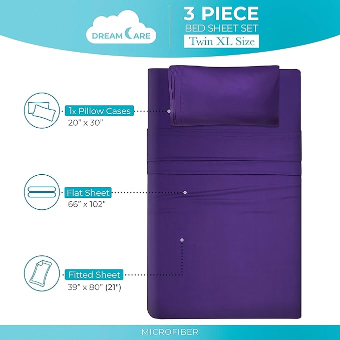 DREAMCARE Twin XL Sheet Sets - 3 pcs Breathable Cooling Bed Sheets - up to 21" Extra Deep Pocket Twin XL Sheets Set with Side Pockets - Extra Soft 100% Brushed Hypoallergenic Hotel Luxury - Purple