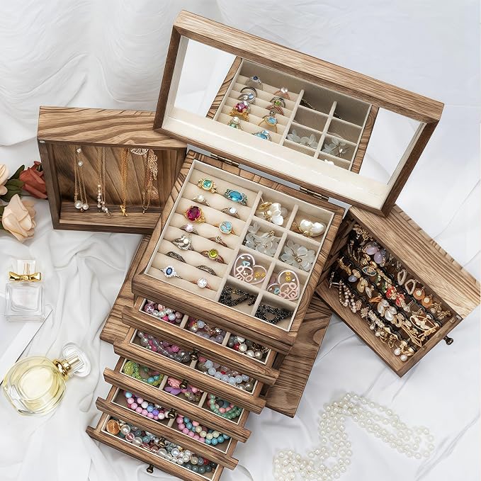 Emfogo Wooden Jewelry Box for Women, 6-Tier Large Jewelry Organizer Boxes with Mirror Rustic Solid Wood jewlery Storage Display for Rings Earrings Necklaces Bracelets watches(Carbonized Brown) - Image 4