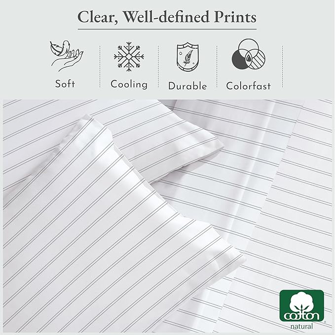 California Design Den Stripe Sheets Queen Size, 100% Cotton Sateen Printed Pattern, Deep Pocket Queen Sheets & Pillowcase Set - Classic Stripe
