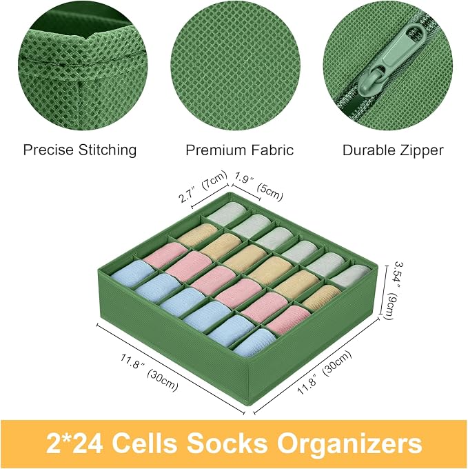 Joyoldelf Sock Drawer Organizer Divider 2 Packs Underwear Organizer, 24 Cell Closet Organizers and Storage Organizer Sock Holders Organizers for Storing Socks, Handkerchiefs, Ties, Belts (Green) - Image 2