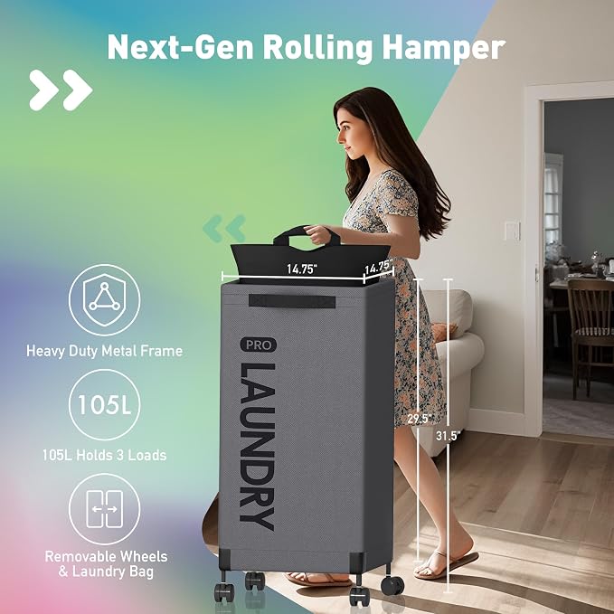 Caroeas Next-Gen 105L Matel Frame Laundry Basket with wheels, Heavy Duty Tall Rolling Laundry Hamper with Removable Wash Bag, Collapsible Freestanding Clothes Hamper For Laundry Room (100L,Grey,1Pack) - Image 2