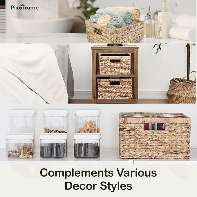 Large Rectangular Handwoven Wicker Basket - Natural Water Hyacinth Storage Baskets with 2 Built-in Handles - Ideal for Towel, Blankets, and Home Organizer & Decor - 16.5"x13"x7.50" - Brown - Image 6