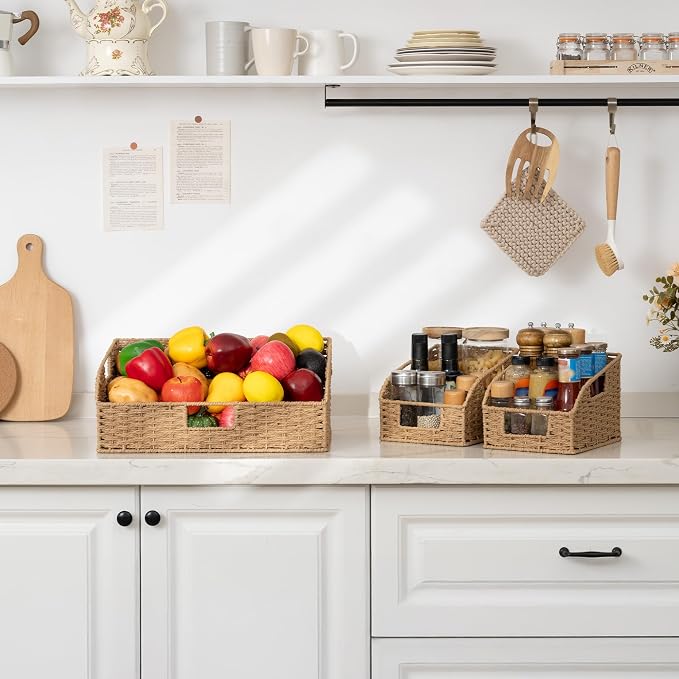 StorageWorks Paper Rope Pantry Storage Baskets, Wicker Baskets with Built-in Handles, Handwoven Shelf Baskets for Organizing, Pantry Organizers and Storage, Natural, 3 Pack - Image 8