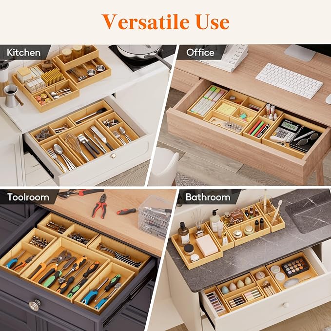 Lifewit Drawer Organizers 10 Pack(22 Grid) with 12 Inserts, Adjustable Bamboo Wooden Drawer Dividers, Stackable Storage Box for Utensils, Silverware, Makeup, Junk in Kitchen/Bathroom/Office/Vanity - Image 6