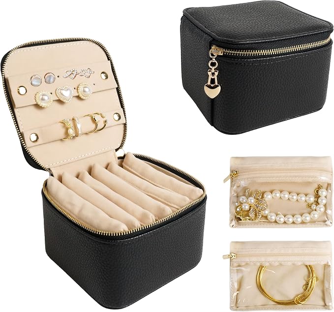Travel Jewelry Case, Small Travel Jewelry Box with 6 Velvet Jewelry Bag Mini Pouch, Portable Travel Jewelry Organizer for Rings Earrings Necklaces, Beauty Gifts for Women Girls (Black) by Unknown