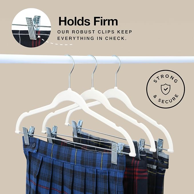Home-it 10 Pack Velvet Hangers with Clips - Ivory Pants & Skirt Hangers - Ultra Thin No Slip Space-Saving for Pants, Skirts, Coats, Dresses, Tank Tops, Clothes - Image 3