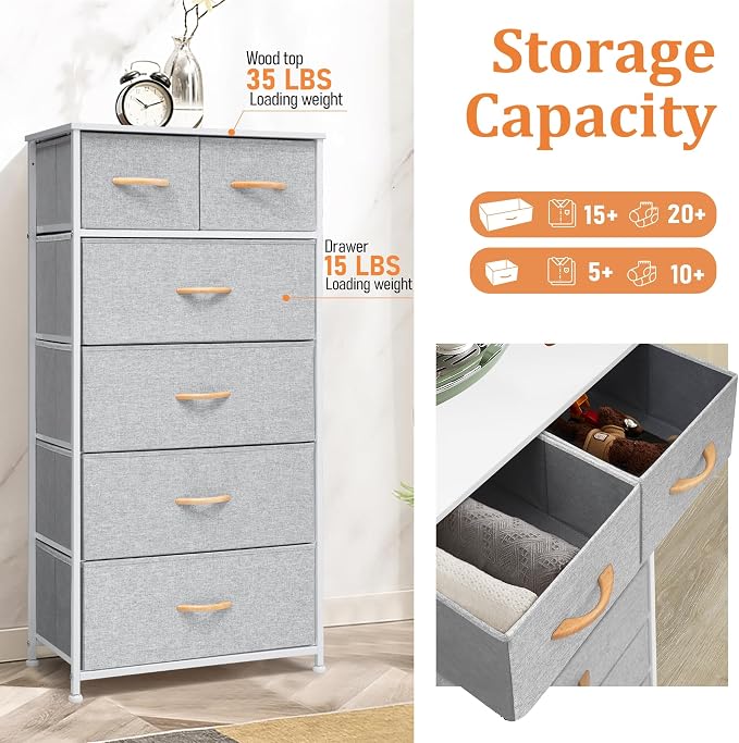 Fabric Dresser for Bedroom, Tall Skinny Dresser with 6 Drawers, Storage Organizer Tower, Steel Frame Wooden Top for Closet, Living Room, Hallway(Light Gray) - Image 7