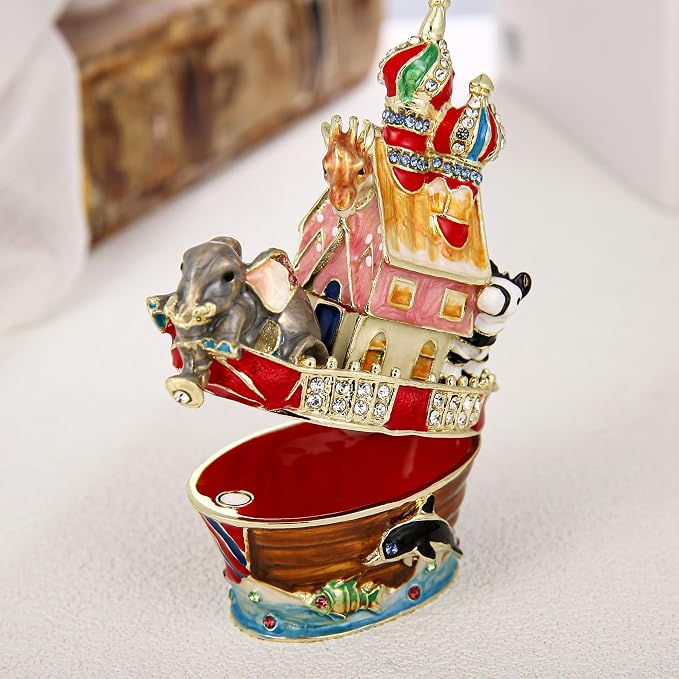 Hand Painted Animal Trinket Box for Home Decor, Hinged Jewelry Organizer Storage, Unique Personalized Collectible Keepsake Figurine Handmade Decorative Ornament Gifts (Noah's Ark) - Image 3