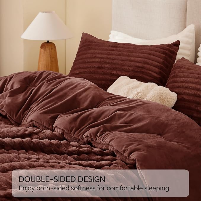 BEDELITE Fleece Queen Comforter Set -Super Soft & Warm Fluffy Hot Chotolate Bedding, Luxury Fuzzy Heavy Bed Set for Winter with 2 Pillow Cases
