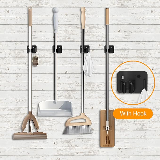 4 Pack Stainless Steel Broom Holder Wall Mount with Hook, Screw Drilling Broom and Mop Organizer Wall Hanging, Heavy Duty Storage Rack for Laundry Garage Closet Garden Tool Organizer, Black - Image 5