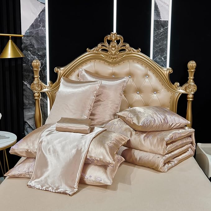 Jacquard Queen Comforter Set with Sheet Set Gold Bedding Set 8 Pcs Embroidery Neoclassical Floral Pattern Bed Home Decor Soft Down Comforter Luxury Hotel Silky Bed in a Bag with 1 Cushion Cover