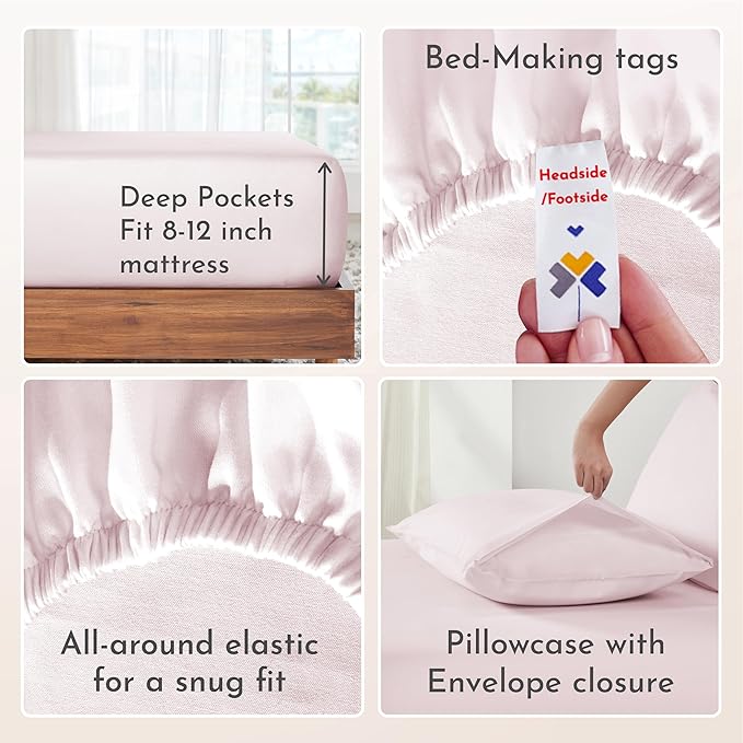 California Design Den XL Twin Sheets Set - Natural 100% Cotton Sheets with 12" Pockets, Soft Sateen Weave, Breathable and Durable Bedding Set for Dorm Rooms, College (Pink)