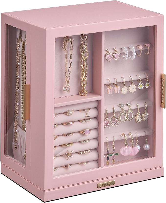 Glimmloop 360° Rotating Jewelry Box with 5 Drawers, Spacious Vertical Jewelry Organizer with Glass Window, Jewelry Storage Case, Dustproof & Moisture-resistant Design, Pink by Glimmloop