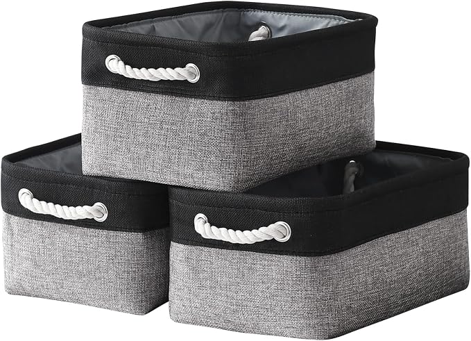 TheWarmHome Storage Basket for Organizing - 14x10x7 inch Medium 3 Pack Collapsible Storage Bin for Shelves with Rope, Fabric Storage Cubes for Organizer Cloth Gift Toy Closet (Black & Grey) by TheWarmHome