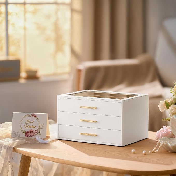 pickpiff Jewelry Box Organizer Case for Women: 3-Layer Jewelry Storage Case with Glass Window, Pure White Leather with Velvet Holder for Ring Necklace Bracelet Brooch Watch, Great Gift for Her - Image 7