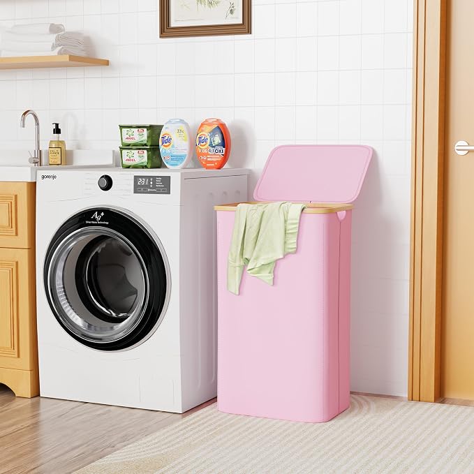 SUOCO Laundry Hamper with Lid, 29 Gal (110L) Clothes Basket with Bamboo Handles, Large Foldable Laundry Hamper for Bedroom, Bathroom, Dorm, Laundry Room - Pink - Image 4