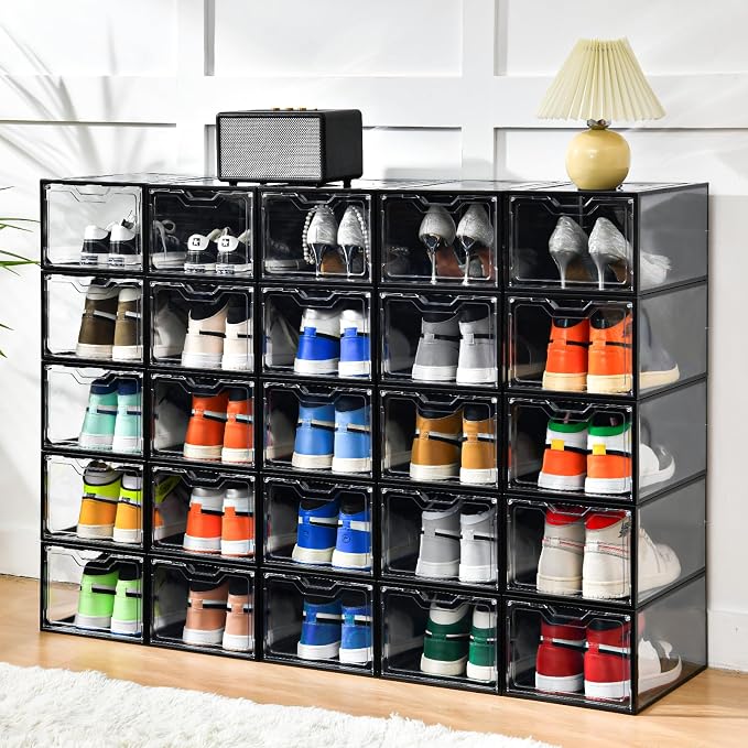 Stebopum 12 Pack Stackable Shoe Storage Organizer with Magnetic Door, Shoe Boxes Clear Black Plastic for Closet, Shoe Rack for Sneaker Boot Container, Shoe Cabinet Fit up to US Size 12 - Image 8
