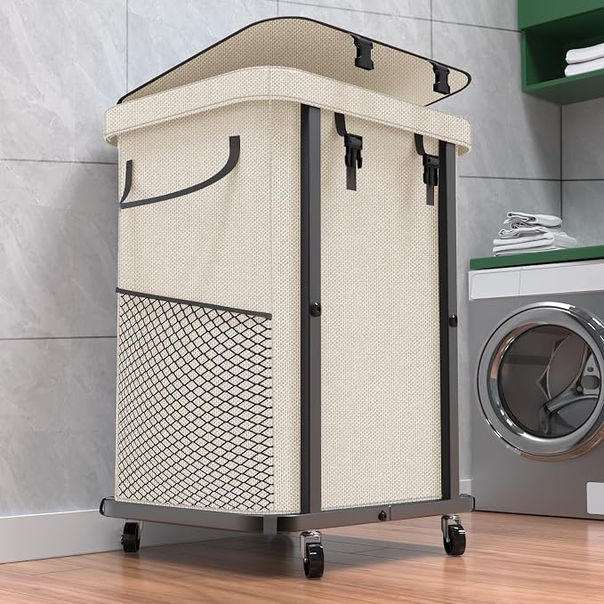 40 Gal(150L) High Grade Large Laundry Basket with Wheels, Rolling Laundry Hamper, Laundry Cart with Metal Frame and Removable Bag Design, Suitable for Laundry Room, Bedroom (White, 150L) by Unlockyourhomestoragelife