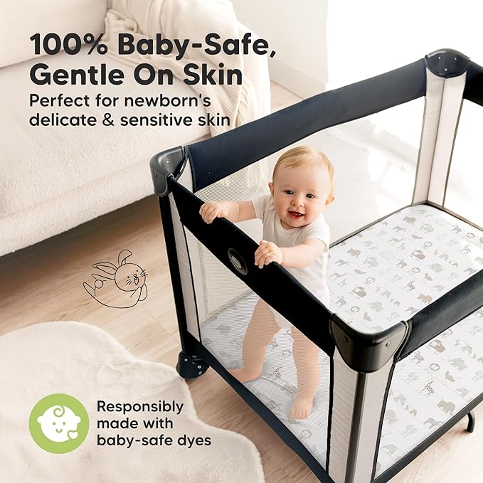 Pack and Play Sheets Fitted - 2-Pack Mini Crib Sheets for Pack N Play Mattress 38x26, Soft & Cozy, Neutral Toddler Playard Bedding, Snug Fitted Mini Baby Crib Mattress Cover Boy, Girl (Savannah)