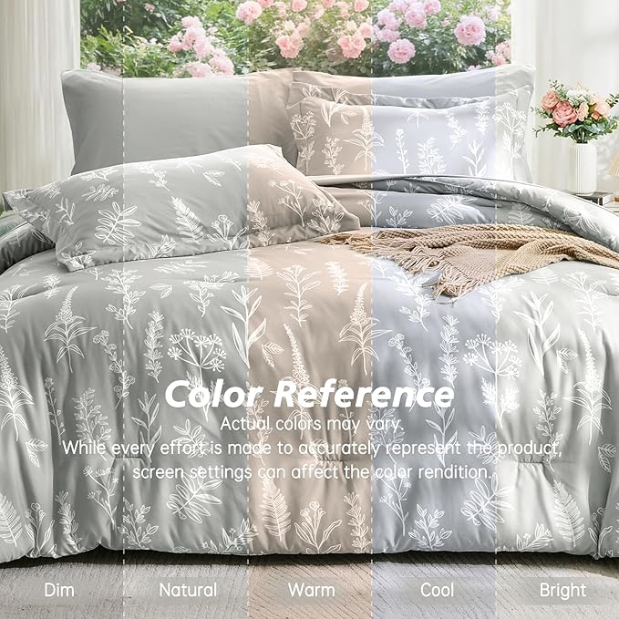 MUXHOMO Silver Grey Bed in a Bag King 7 Pieces, King Comforter Set Reversible Botanical Flowers Design, Ultra Soft & Breathable Bedding Sets with Comforter, Sheets, Pillowcases & Shams