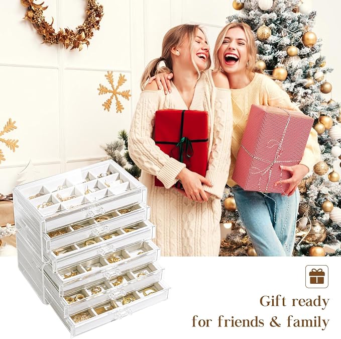 Lolalet Earring Holder Organizer Box Jewelry Storage with 6 Drawers, Clear Acrylic Stackable Earring Case with Adjustable Velvet Trays for Women on Dresser Vanity -Warmwhite, 6 Layers - Image 7
