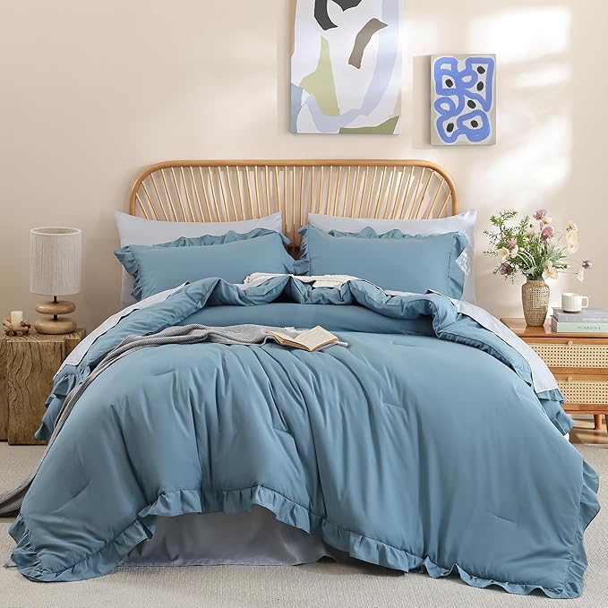 JANZAA King Size Comforter Set Mineral Blue Ruffle Comforter 3PCS Soft Fluffy Boho Comforter Vintage Farmhouse Bed Comforter Set Shabby Chic Bedding with 2 Pillowcases for All Season