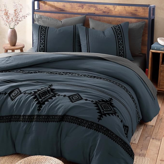 MaiRêve California King Comforter Set Blue Grey, Embroidery Western Bedding Set Boho 7 Pieces, Farmhouse All-Season Bed in A Bag with Sheets, Pillowcases & Shams