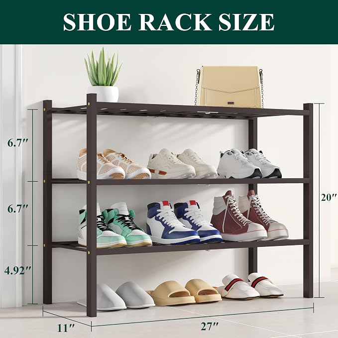 Smiry Shoe Rack, 3 Tier Bamboo Shoe Organizer, Stackable Free Standing Wooden Shoe Storage Shelf for Closet, Entryway, Front Door Entrance, Brown - Image 2