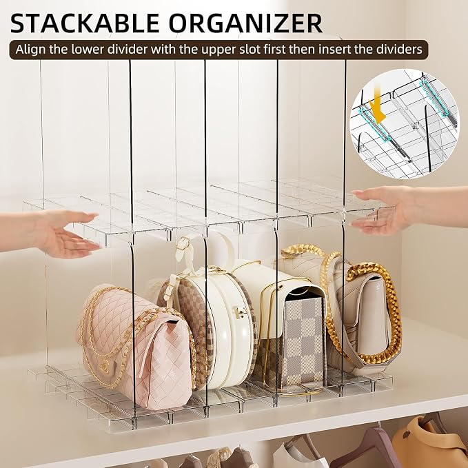 JOYZAN Stackable Purse Organizer for Closet, Adjustable Closet Purse Organizer, Clear Acrylic Shelf Dividers, Detachable Handbag Storage Separator Dividers for Home, Office - 2 Pack - Image 7