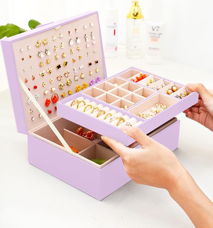 Earrings Jewelry Box for Girls, Large Capacity Jewelry Organizer with 40-Pair Earring Board, 2-Layer Leather Jewelry Storage Box for Necklaces Rings Bracelets with Removable Tray, LightPurple - Image 9