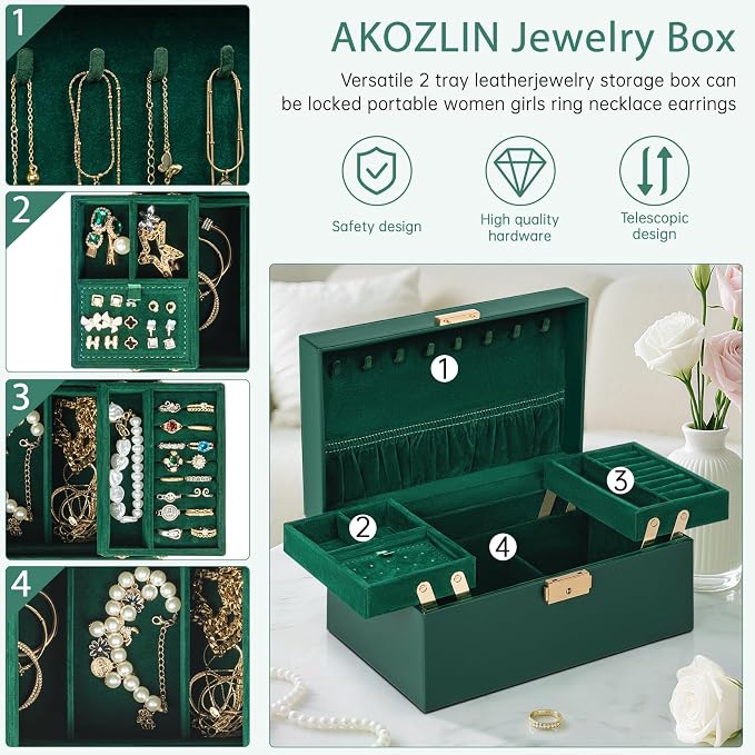 AKOZLIN Travel Jewelry Box Organizer Functional 2-trays Leather Jewelry Storage Case with Lockable Portable for Women Girls Ring Necklace Earring Bracelet - Image 5
