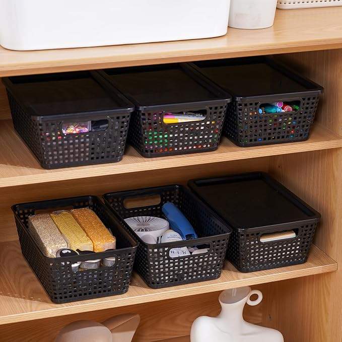 Plastic Storage Baskets With Lid, Storage Bins for Organizing, Stackable Decorative Containers for Shelves Drawers Desktop Closet Playroom Classroom Office, 6 Pack-Black - Image 9