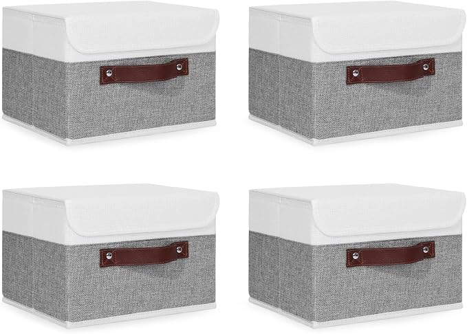 ANMINY 4PCS Storage Boxes with Lid Washable Decorative Storage Bins Basket with PU Leather Handle Foldable Linen Fabric Storage Cubes Containers for Home Closet Organizer - Gray White, Small Size by ANMINY