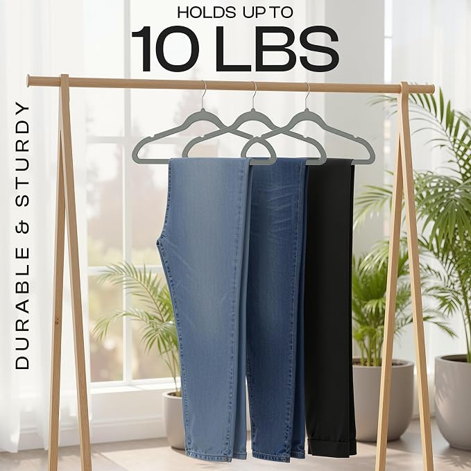 Utopia Home Velvet Hangers 150 Pack – Luxury Non-Slip Slim Pant & Coat Hangers, Strong Space-Saving Clothes Hangers with Pants Bar and 360° Swivel Hook – Grey - Image 5