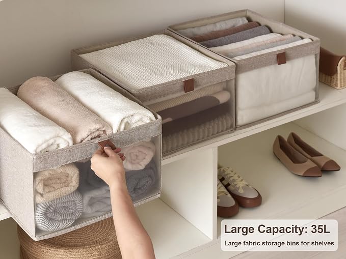 StorageWorks Closet Storage Bins, Extra Large Storage Baskets with Clear Window and Handles, Foldable Fabric Organizer for Clothes, Shelves, Brown and Beige, 3 Pack - Image 2