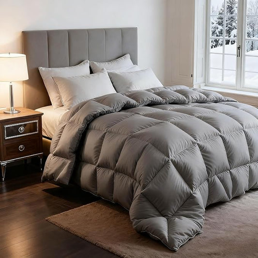 Grey Feather Down Comforter King Size,Premium Ultra-Soft Breathable Comforter High Fill Power Grey Duvet Insert,All Season Hotel Luxury Bedding Comforters 8 Corner & Center Loops,Baffle Box Design